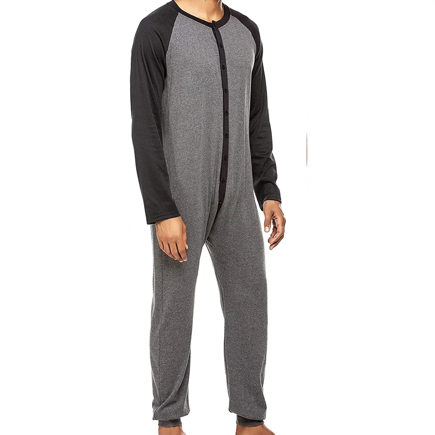 Men s Button Down s Pajama Long Sleeve Round Neck Color Block Jumpsuit Nightwear For Adults