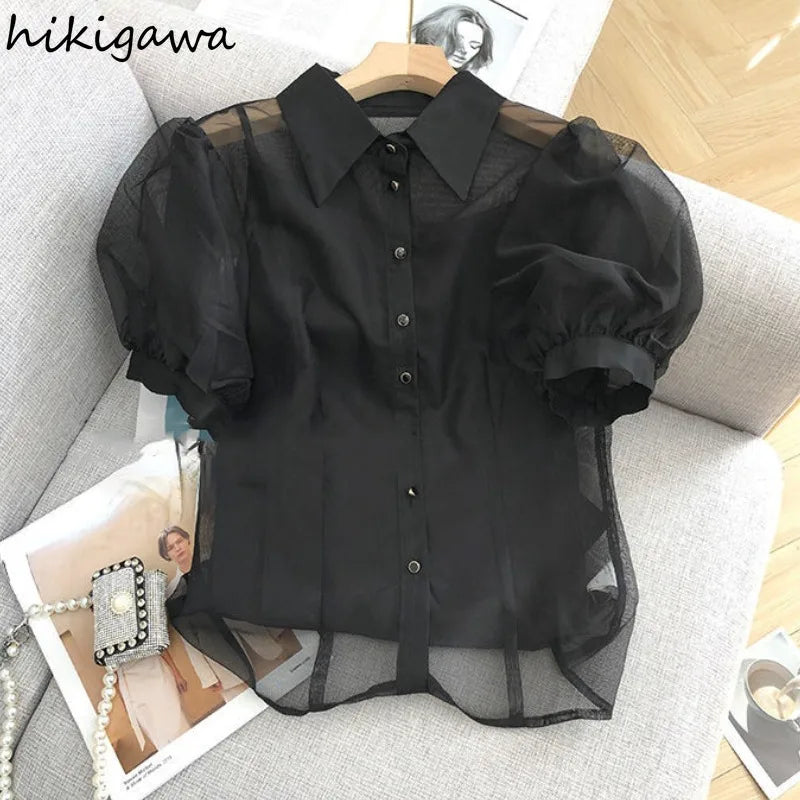 Black Blouse Women Clothing Puff Sleeve Turndown Collar Crop Tops 2025 Blusas Mujer De Moda Gauze See Through Sexy Shirts 7o132