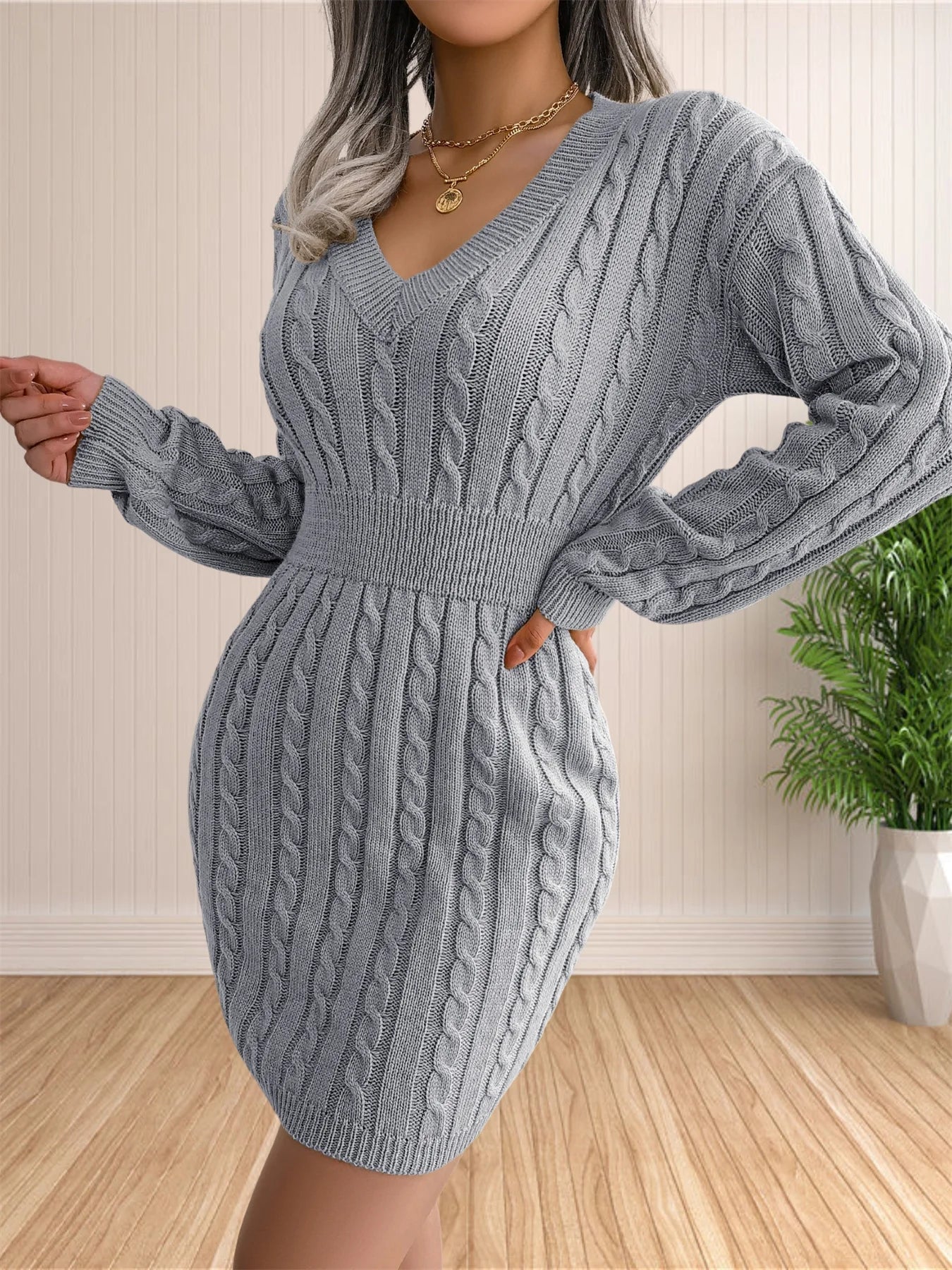 Women Sweater Dresses Cocktail V Neck Knitted Dress Sweater Sheath Dress