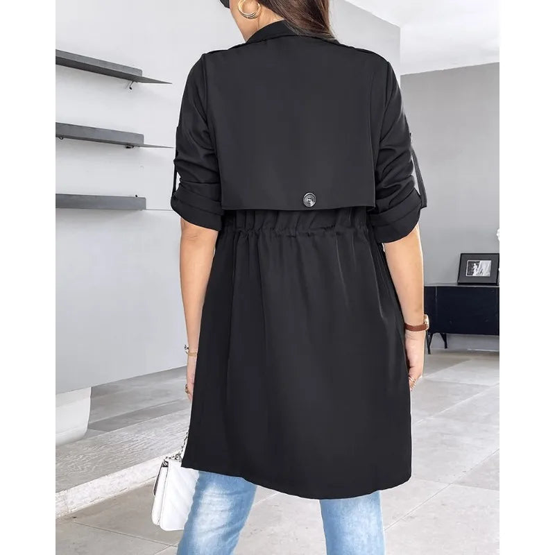 Women's Winter Autumn Casual Loose Solid Color Coat Ladies Fashion Long Sleeves Mid Length Windbreaker Coat