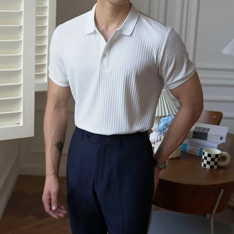 New Vertical Stripe Knit Polo Men's Shirts Summer Slim Solid Color Breathable Turn-Down Collar Business Short Sleeve Polo Tops