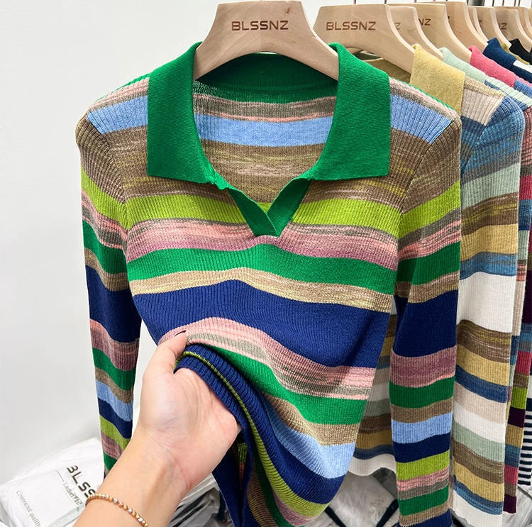 Polo Neck Shirts For Women Long Sleeve Tops Striped Clothing Knit Youth Offer Chic Elegant Summer 2024 T-shirt Woman Cotton New