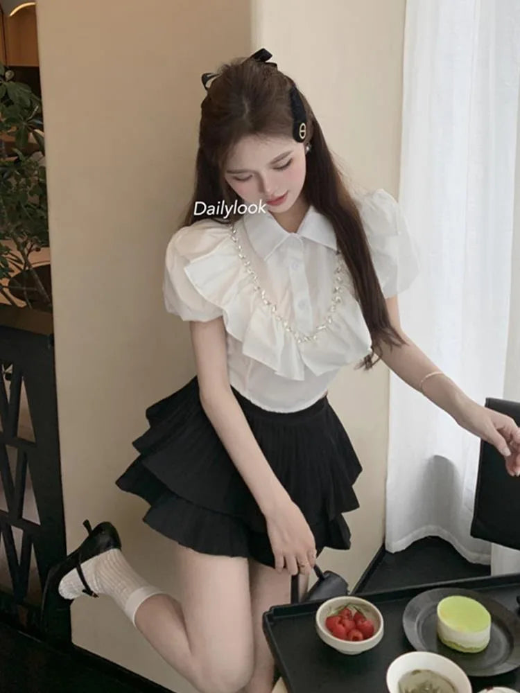 White Women Blouses 2025 Blusas Mujer De Moda Puff Sleeve Slim Fit Heavy Diamond Crop Tops Ruffles Sweet Summer Blouse Shirts
