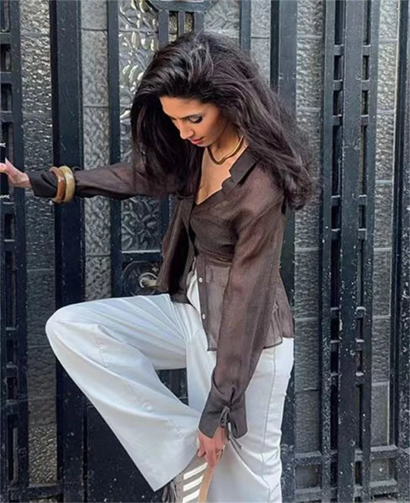 Women's Blouse New Summer 2025 Brown Long Sleeve Translucent Shirt Bow Decoration Sexy and Fashionable Personality and Versatile