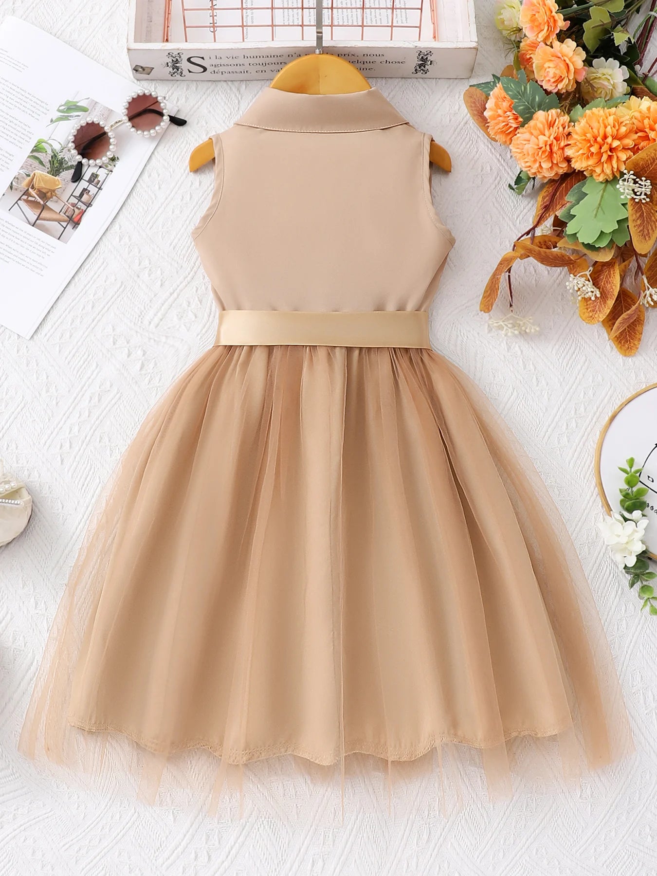 Girls' fashion dress, net color sleeveless lapel mesh dress with woven waistband