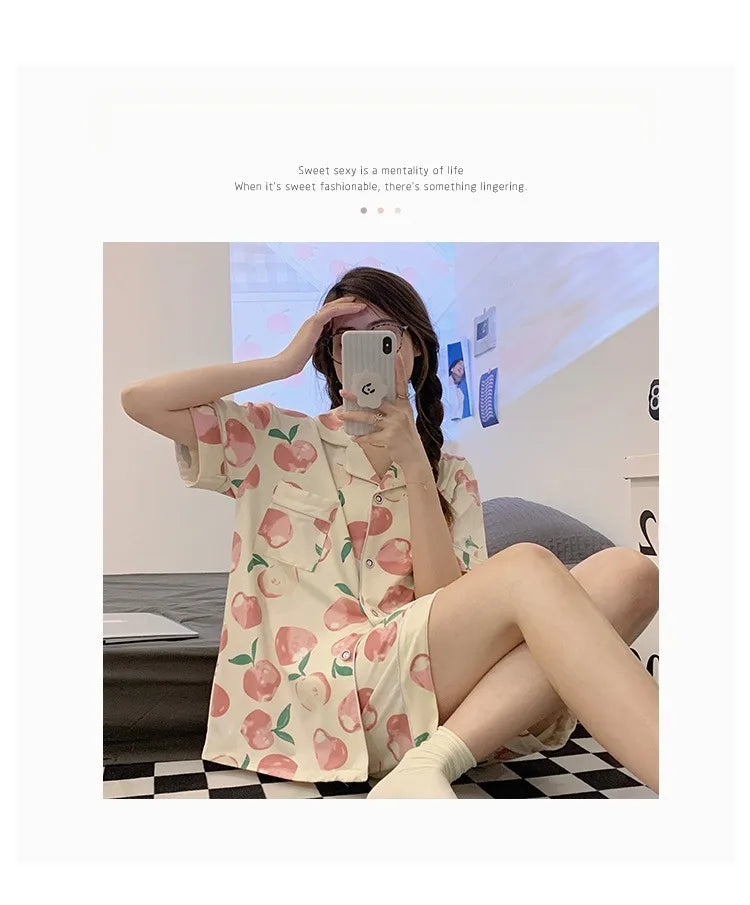 Women's Summer Three-Piece Pajama Set: Cute Teenage Student Short-Sleeved Long Pants Casual Korean-Style Pajamas Underwear