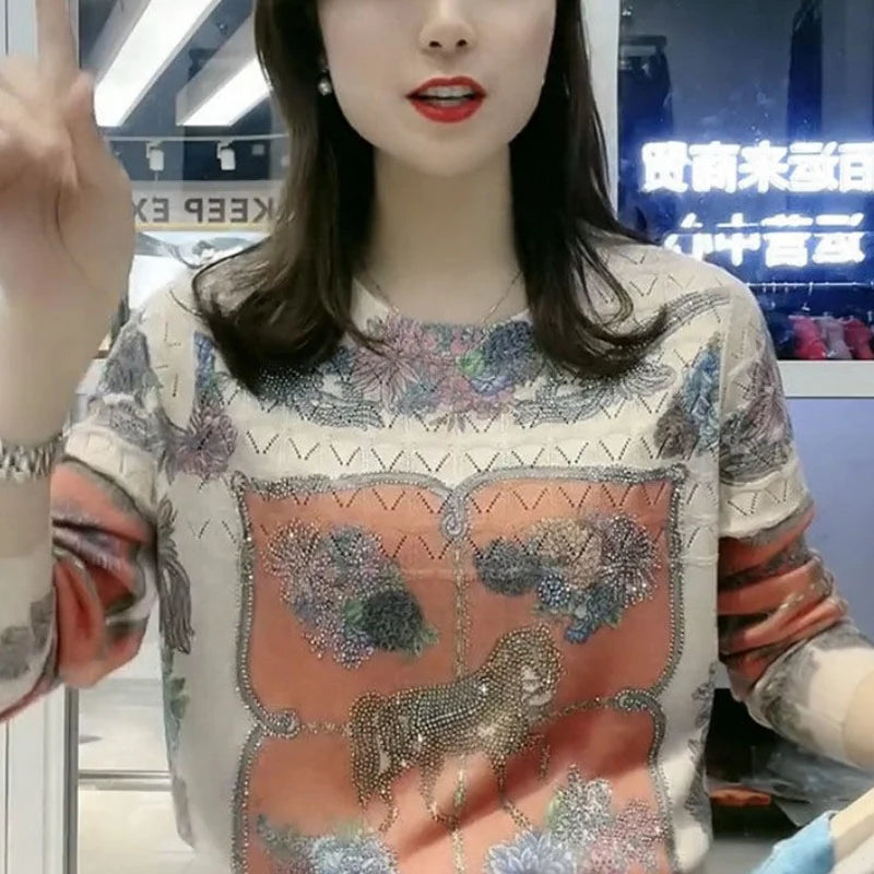 Autumn Winter Oversized Diamonds Print Loose Casual Sweater Women Round Neck Elegant Knitting Pullover Fashion All-match Top
