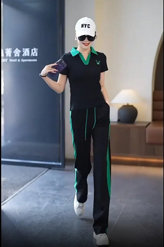 Women's Casual Sports Suit 2025 New Summer Spring Style Clothes Fashion Short Sleeve Lapel T-shirt Wide Leg Pants Two Piece Set