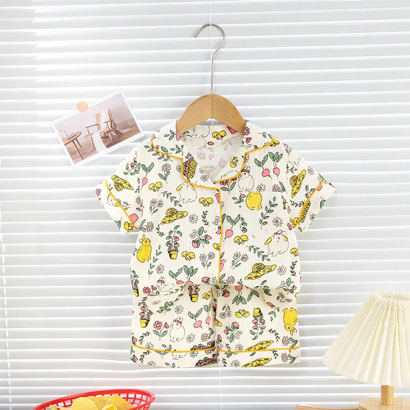 Boys Girls Pajama Baby Capris Suit Clothes SummerThin Cotton Short Sleeve Homewear Children Family Outfits Tops+Pants 2PC 2-10T