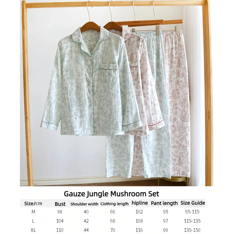 Womens Pajama Set 100 Cotton Gauze Sleepwear Long Sleeve Loose Fit Two Piece Set Comfortable Breathable Nightwear Loungewear
