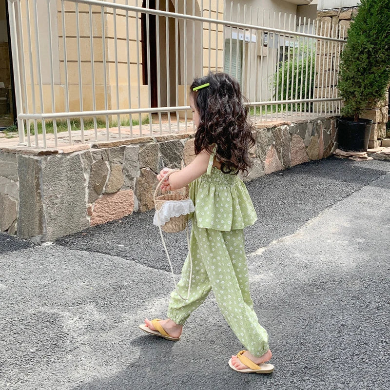 Summer Girls' Clothing Sets Sweet Cute Floral Camisole Plus Anti-Mosquito Pants Fashion Baby Kids Outfit Children Girls Clothes