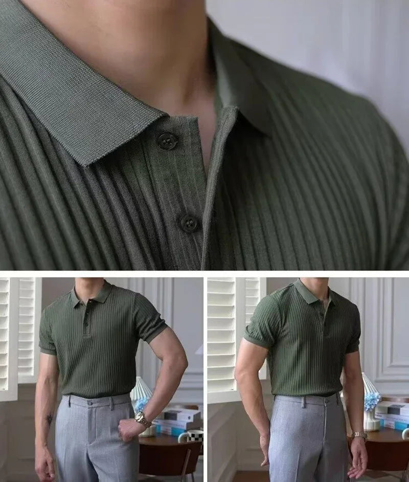 New Vertical Stripe Knit Polo Men's Shirts Summer Slim Solid Color Breathable Turn-Down Collar Business Short Sleeve Polo Tops