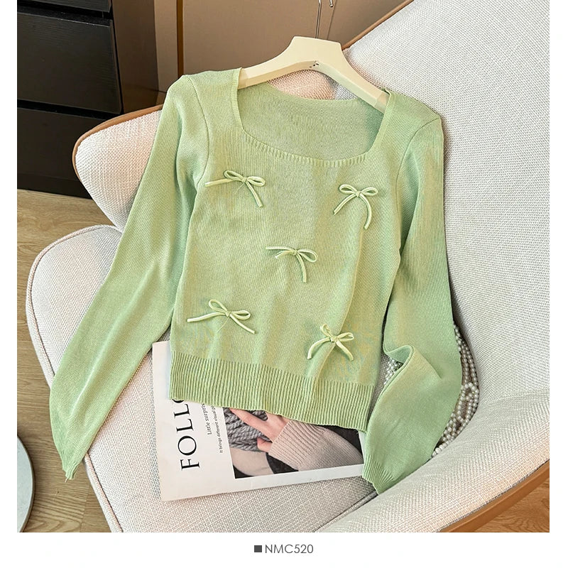 Women Bow Cute Knitted Crop Tops Long Sleeve Square Collar Slim Black Pullover Sweater Female 2025 Autumn And Winter