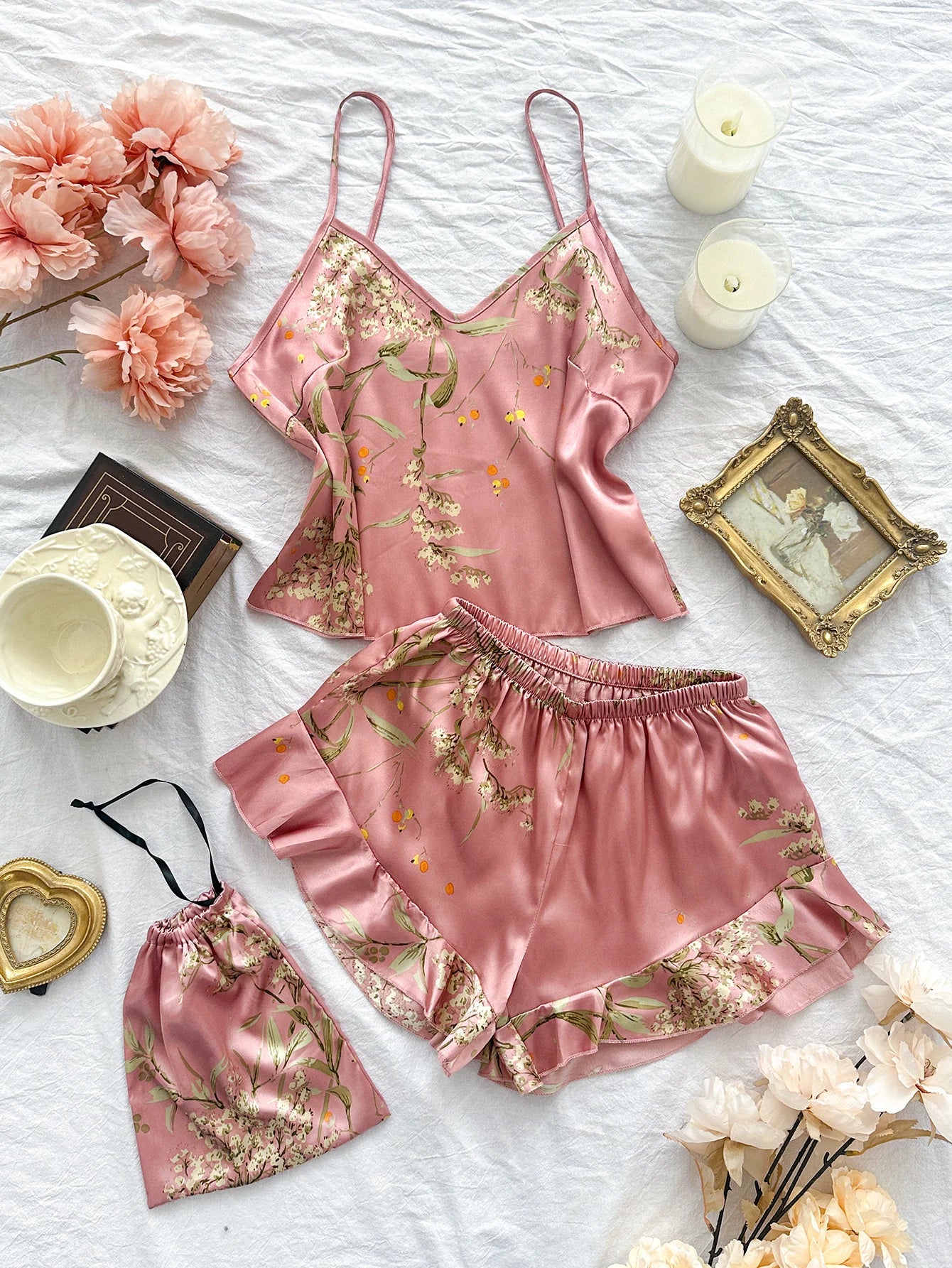 Elegant Floral Print Cami Tops Ruffle Hem Shorts Pajama Set Women's Sleepwear Loungewear