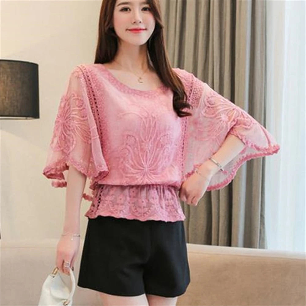 Fashion Women Blouses Spring New Chiffon Blouse Cotton Edge Lace Blouses Shirt Butterfly Flower Women Shirt Tops Blusas Hedging