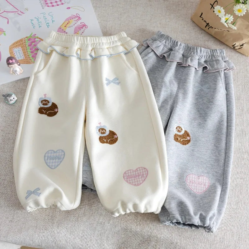 Girls Pants 2025 Spring Autumn Cartoon Trousers for Kids Embroidered Children Casual Loose Toddler Sporty Pants Baby Clothing