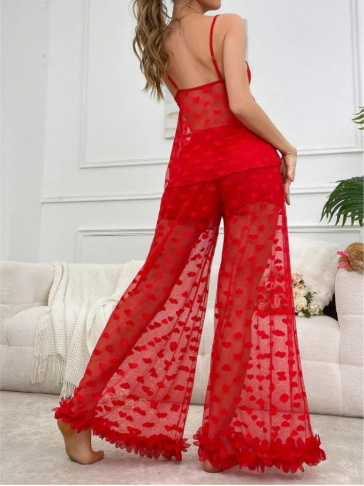 Sexy Ladies Pajama Set 2-piece Lace Heart Transparent Strappy Bra and Long Pants Petal Lace Lingerie Set Sexy Sleepwear