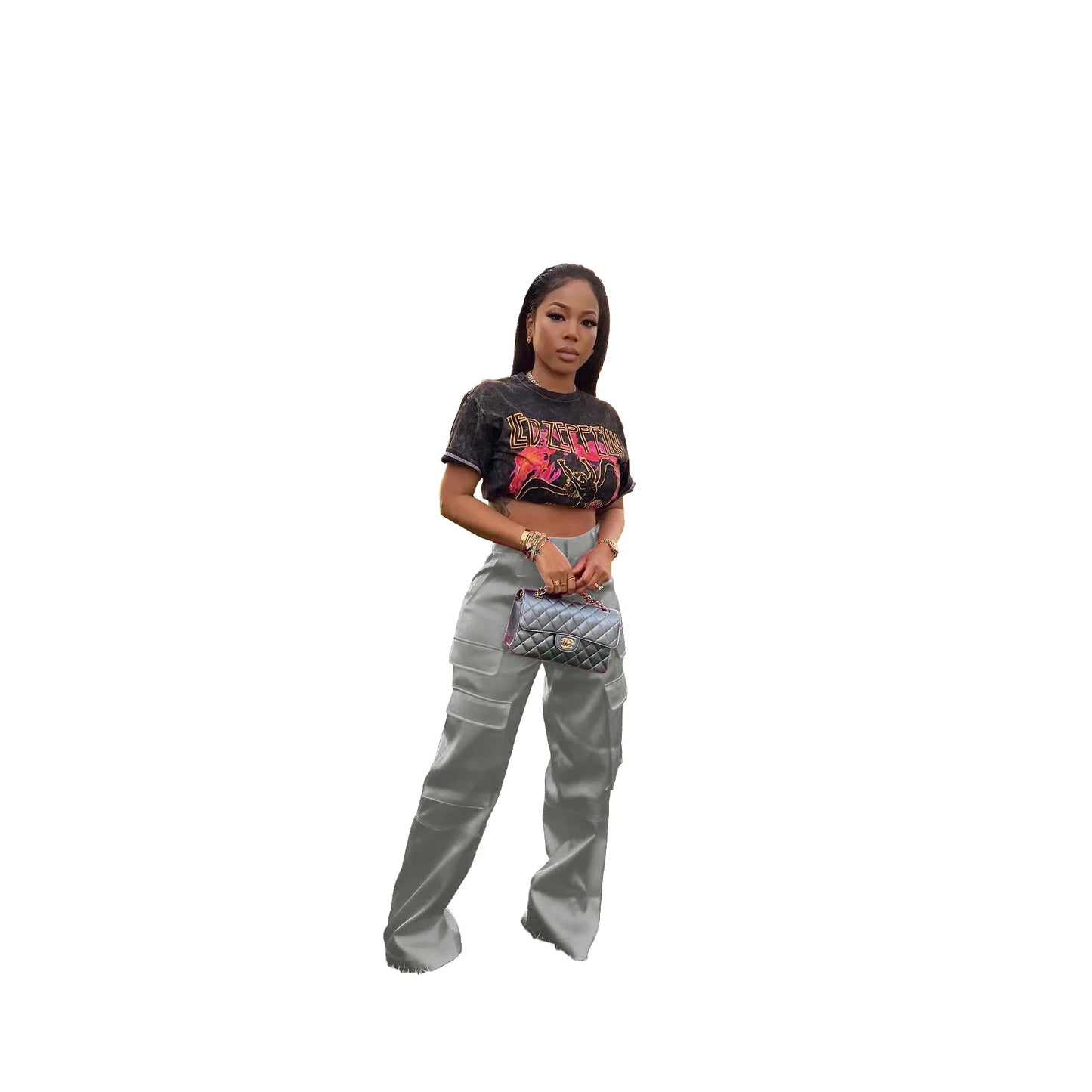 Women Pants Spring Summer Casual Satin Stretch High Waist Cargo Pants With Pocket Streetwear Solid Wide Leg Pants Flare Trouser