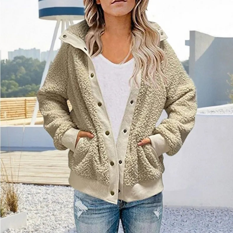Women Winter Coat Solid Color Long Sleeves Zipper Cardigan Loose Warm Furry Plush Plus Size Lady Coat Winter Clothes