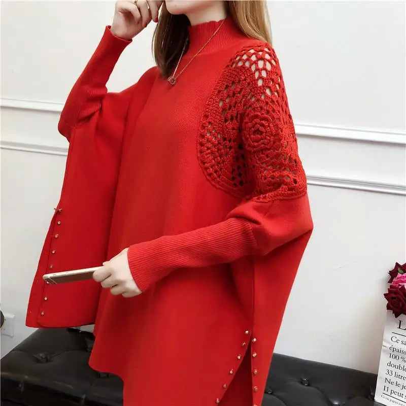 Autumn and winter loose bat pullover half high neck knitted sweater women's new shawl cape nail bead hook flower coat