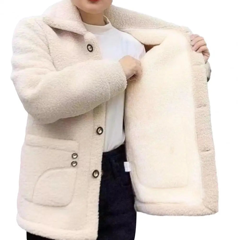 Women Jacket Coat Stylish Women's Lapel Jacket Coat with Imitation Lamb Wool Long Sleeve Thickened Outwear for Autumn Winter