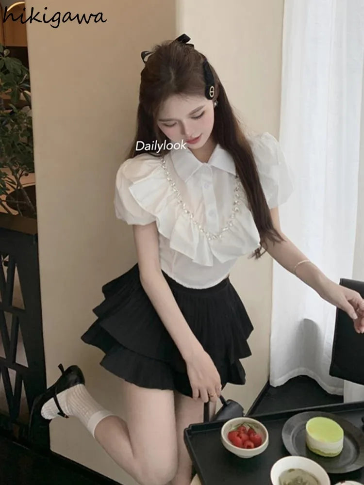 White Women Blouses 2025 Blusas Mujer De Moda Puff Sleeve Slim Fit Heavy Diamond Crop Tops Ruffles Sweet Summer Blouse Shirts