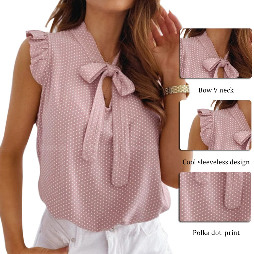 Women Blouses Butterfly Short Sleeves Shirt Summer Bow Lace Up Polka Dot Female Tops Ruffle Pullover Vintage Blusa