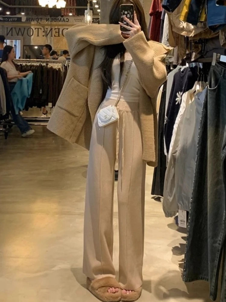 Knitted Pants Women Fashion Vintage Casual Capris Solid Loose Lace Up Wide Leg Pants Elastic Waist 2025 New Autumn Winter Pants