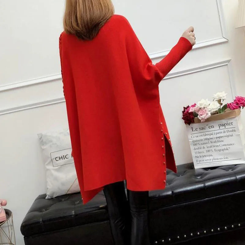 Autumn and winter loose bat pullover half high neck knitted sweater women's new shawl cape nail bead hook flower coat