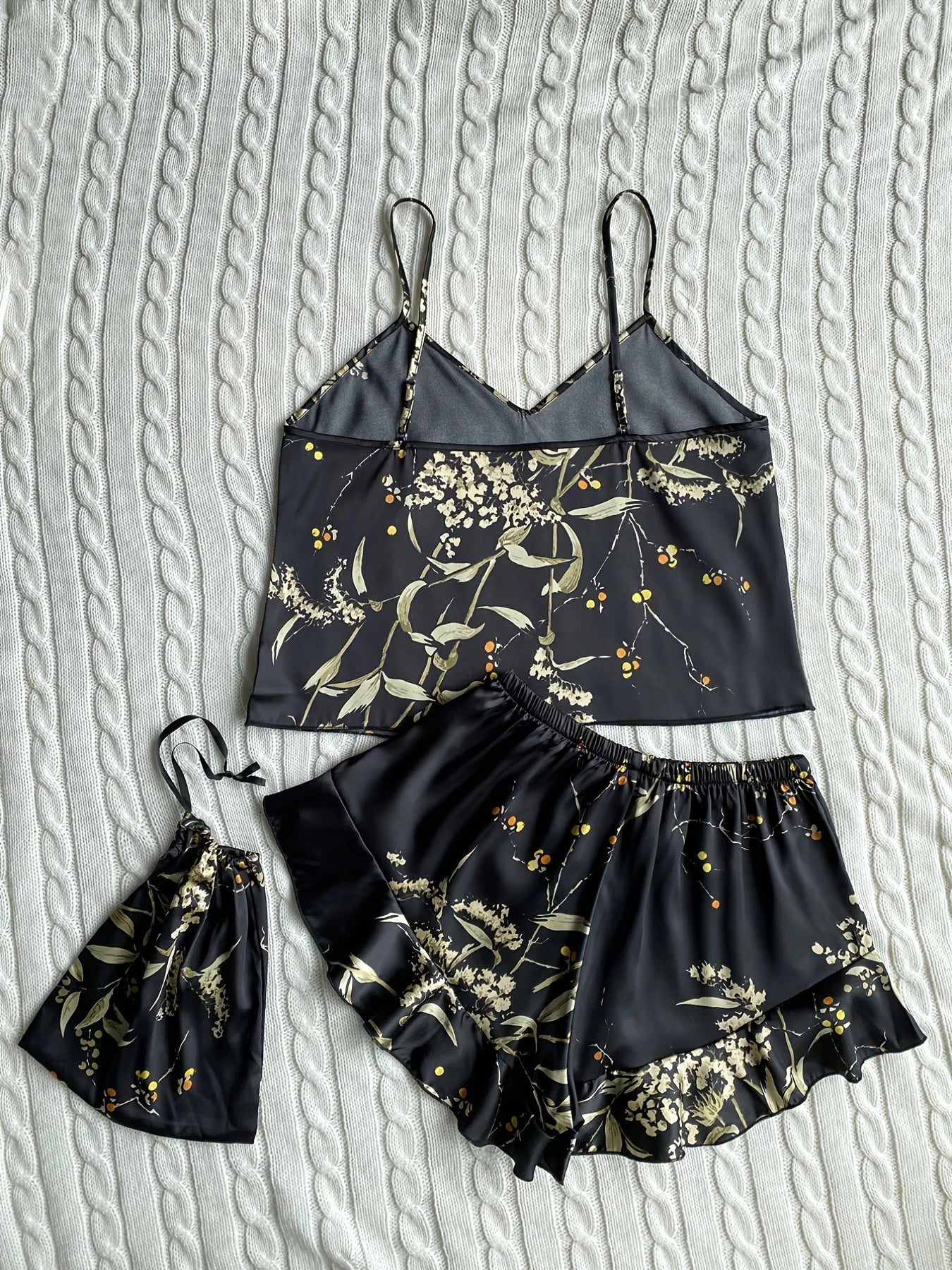 Elegant Floral Print Cami Tops Ruffle Hem Shorts Pajama Set Women's Sleepwear Loungewear