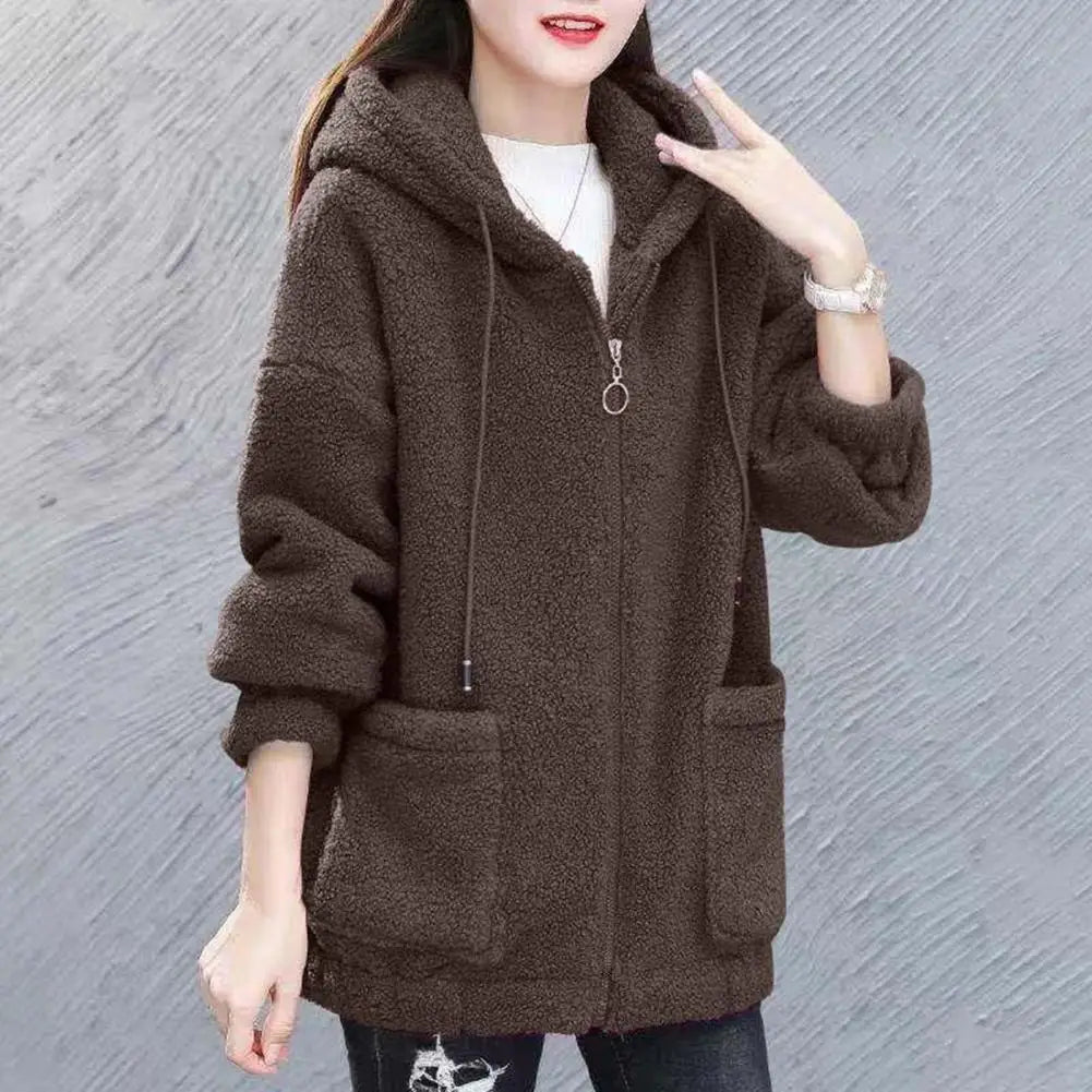 Women Coat Autumn Winter Hooded Drawstring Coat Long Sleeve Pockets Zipper Placket Thick Plush Cardigan Outwear Streetwear