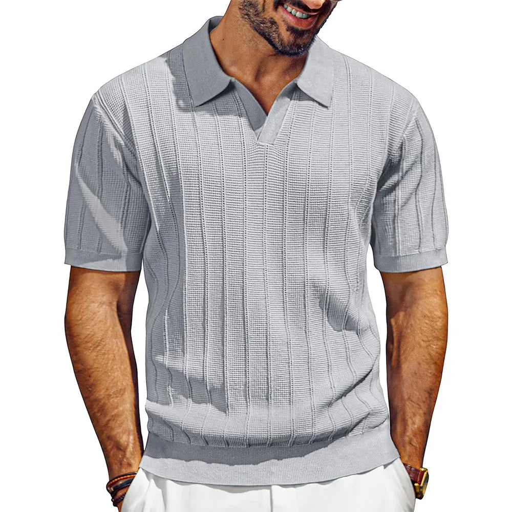 Polo Shirts Knitted Solid Tops Pullover V Neck Short Sleeve Tees Men Casual Shirt Summer Slight Strech Spliced Loose 2025