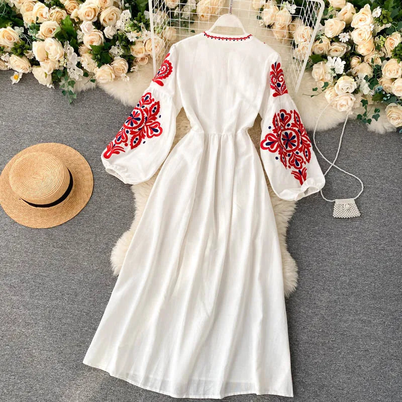 Bohemian Embroidered Dress for Women, Boho, Flower, O-Neck, Lantern Long Sleeve, High Waist, Cotton, White, Spring