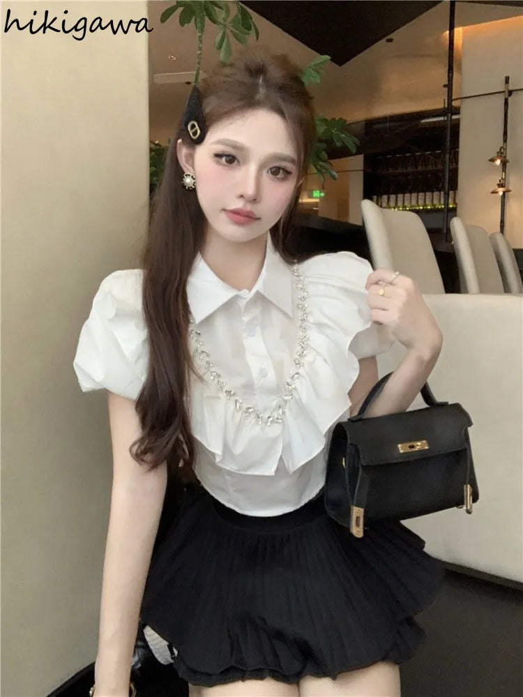 White Women Blouses 2025 Blusas Mujer De Moda Puff Sleeve Slim Fit Heavy Diamond Crop Tops Ruffles Sweet Summer Blouse Shirts