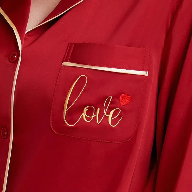 Couples Casual Red Pajamas Ice Silk Women Mens Pajama Pants Sets Satin Long Sleeve Sleepwear Home Pijama Night Wear Loungewear