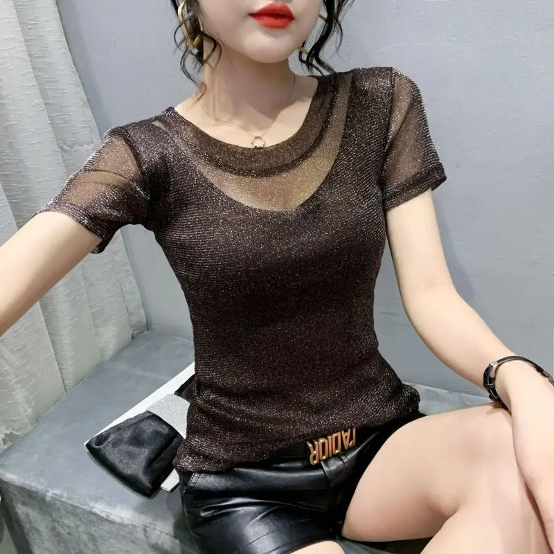 Summer Women Clothing 2025 New Half-sleeved Fashionable Short-sleeved T-shirt Hollow Mesh Top Lace Pullover