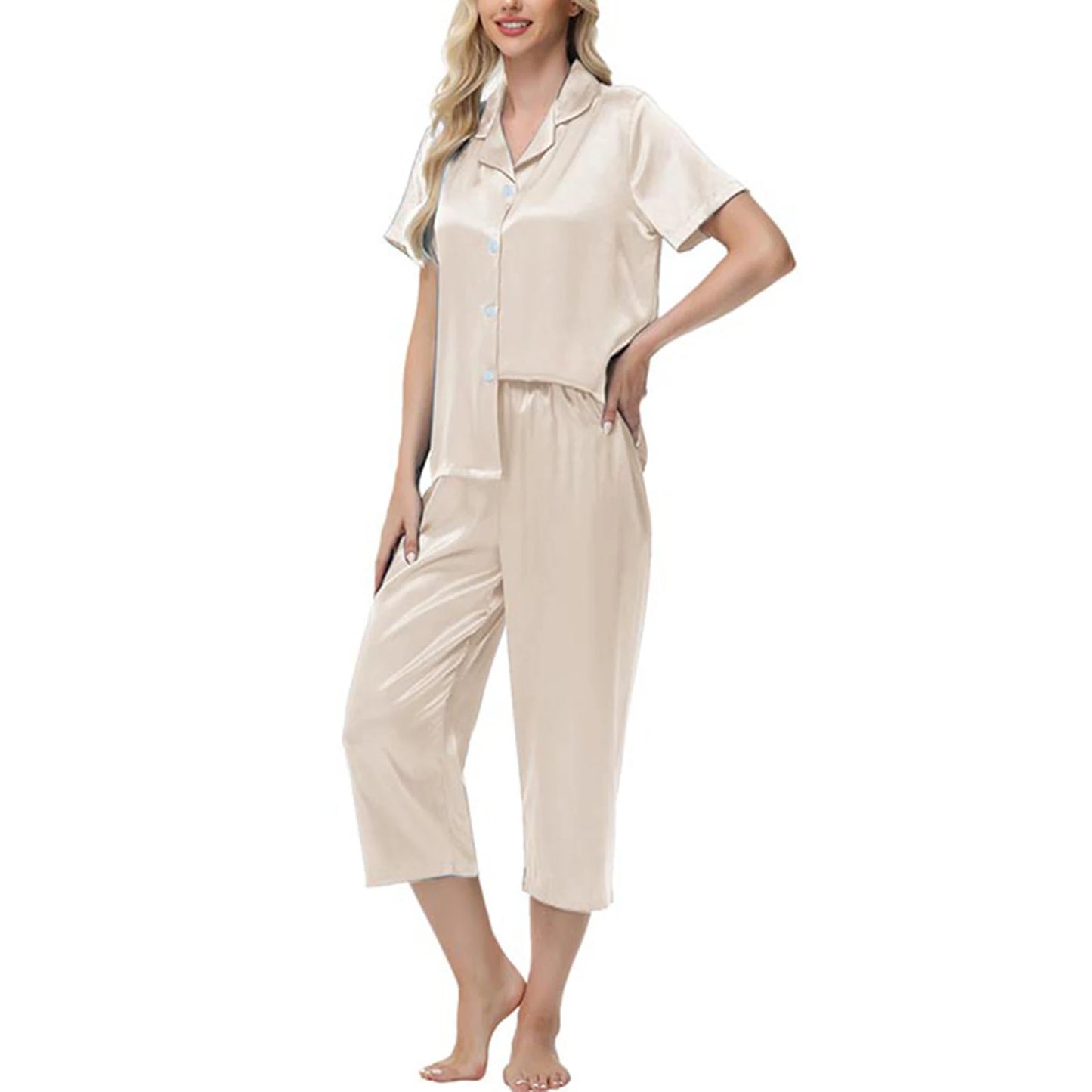 Women'S Pajama Set Burgundy Silky Fabric Short Sleeve Fashion Pants Home Clothes Bedroom Leisure Scene Stay At Home
