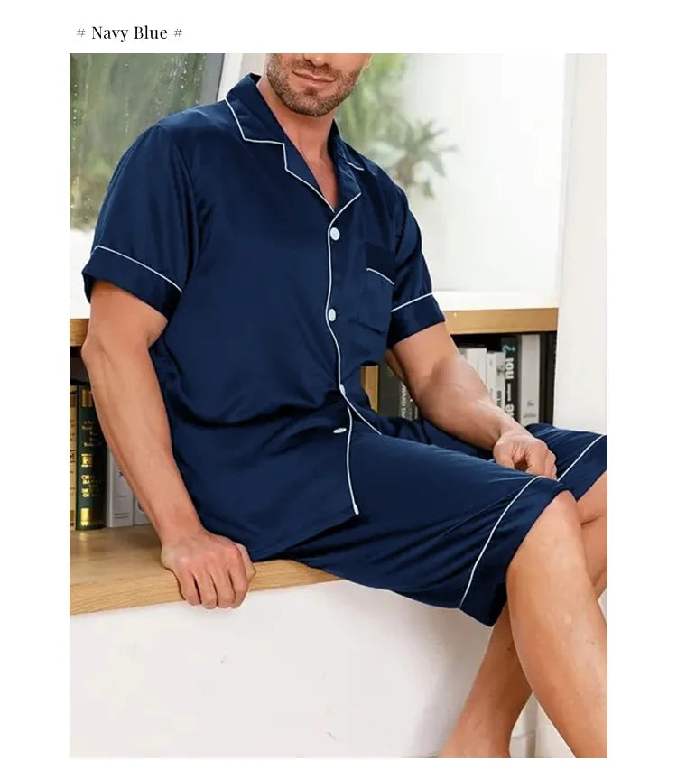 Men's Pajamas Set For Summer Short Sleeve Pocket Button Down Shirt & Shorts Pyjama Loungewear Set Sleepwear Pijama Home Clothing