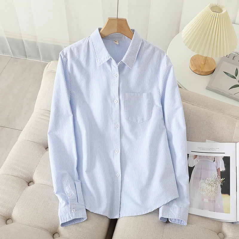 Casual Cotton Women's Oxford Shirt 2024 Autumn New Good Quality Woman Blouse and Tops Lady White Blue Striped Shirts Clothes