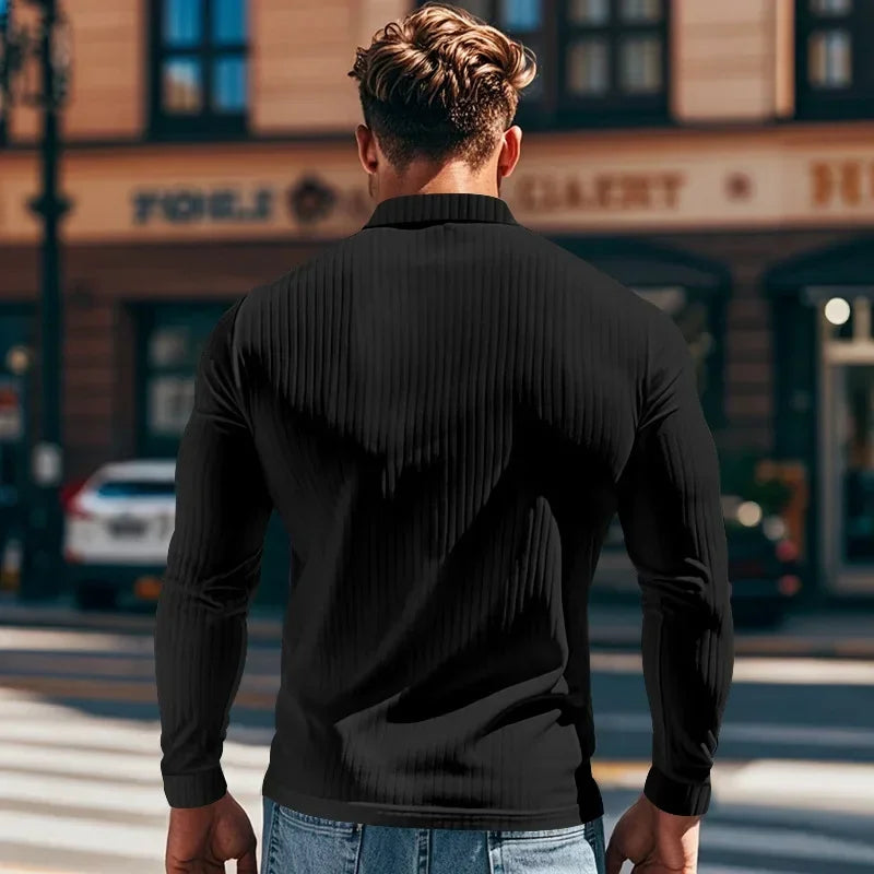 Business Striped Polo Shirt Men 2025 Autumn Men's American Lapel Tops Button-up Long-sleeve T-shirt Elastic Stripe Polo Shirts
