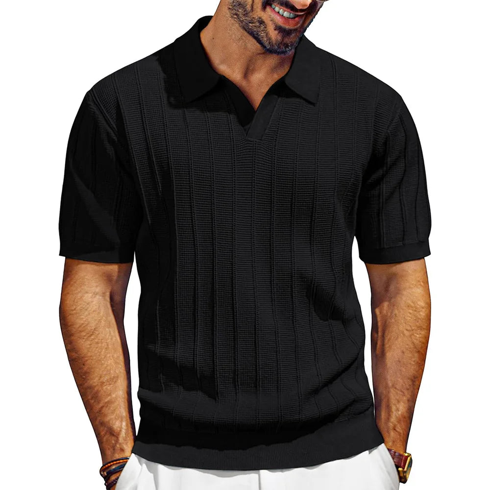 Polo Shirts Knitted Solid Tops Pullover V Neck Short Sleeve Tees Men Casual Shirt Summer Slight Strech Spliced Loose 2025