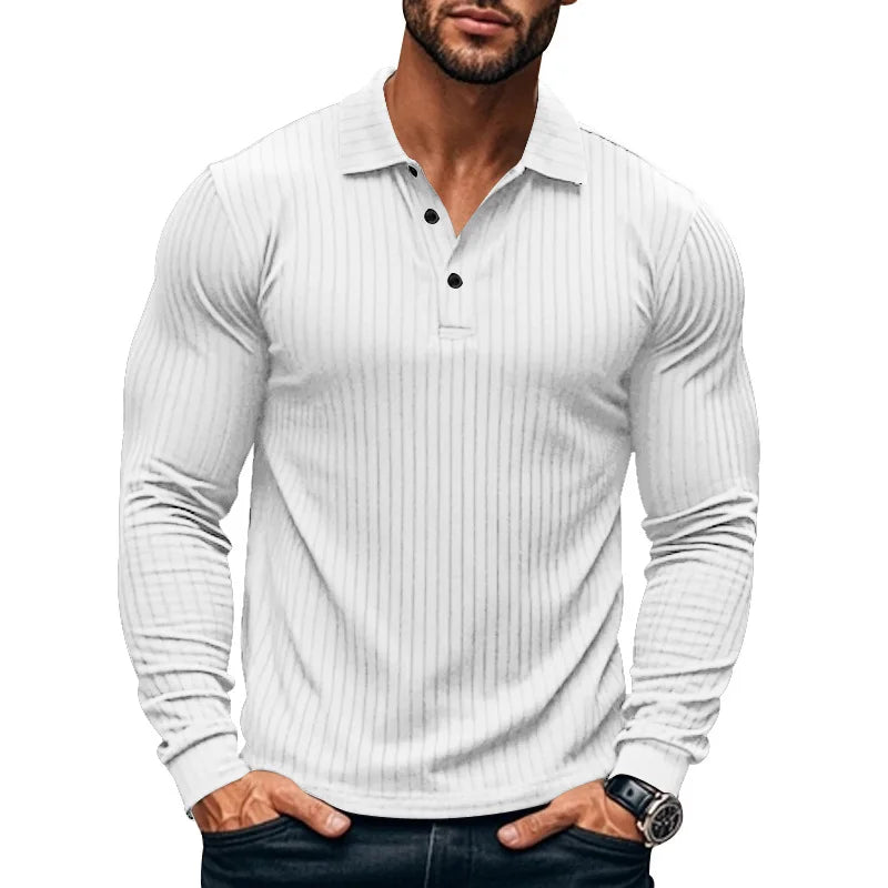 Business Striped Polo Shirt Men 2025 Autumn Men's American Lapel Tops Button-up Long-sleeve T-shirt Elastic Stripe Polo Shirts