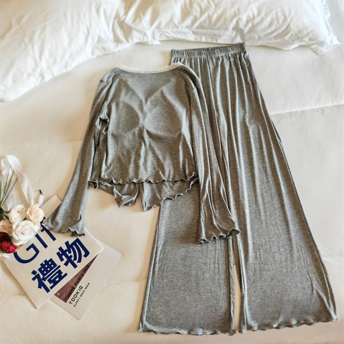Pijama Feminina New Modal Chest Pad Set 2 Piece Woman Long Sleeve Pajama Sets Casual Korean Sleepwear Pyjamas Femme Home Wear
