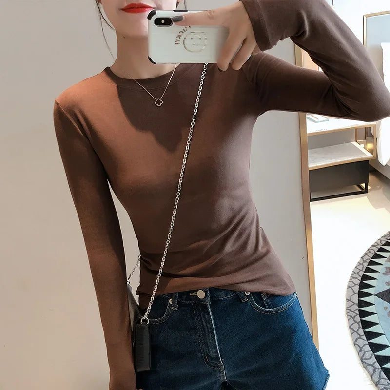 Women 2025 High Quality Plain T Shirt Cotton Elastic Basic T-shirts Female Casual Tops Long Sleeve Sexy Thin T-shirt