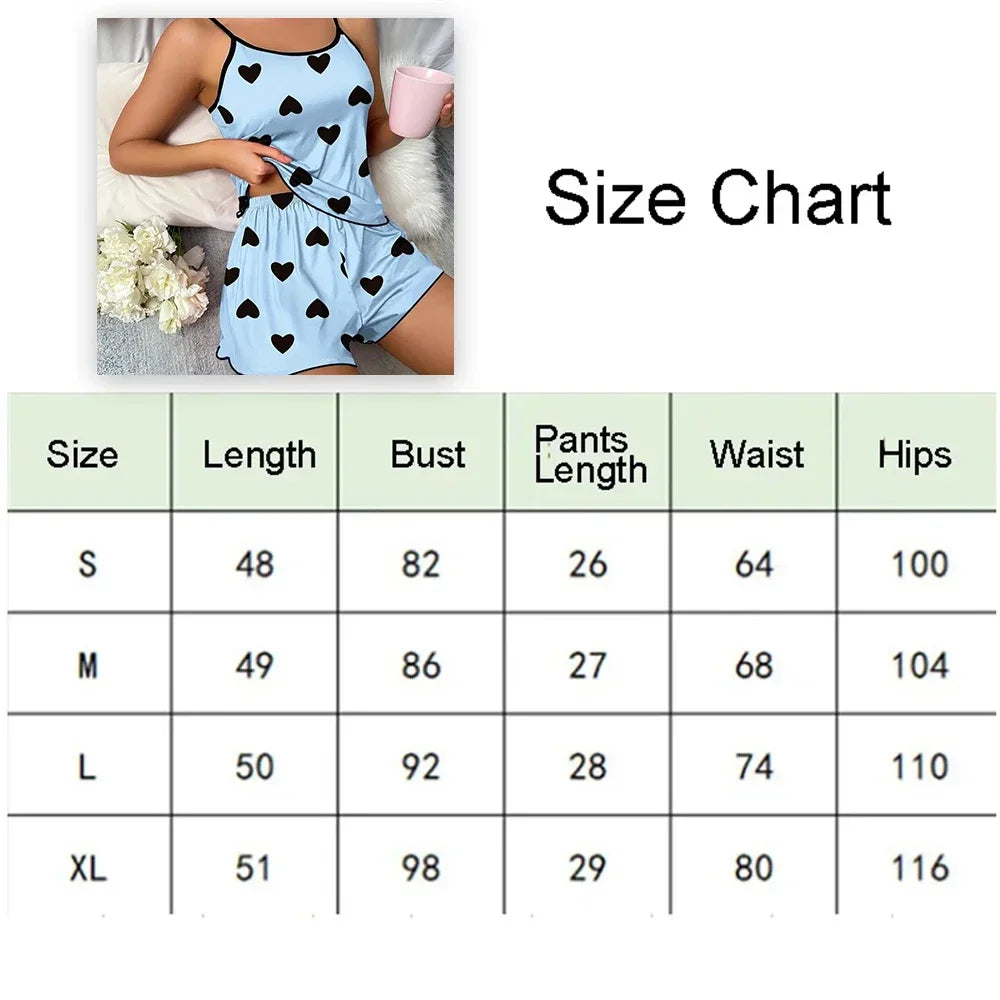Summer New Women's Pajama Set Breathable Soft Casual Love Printed Design Sweet Home Strap Shorts Pajamas