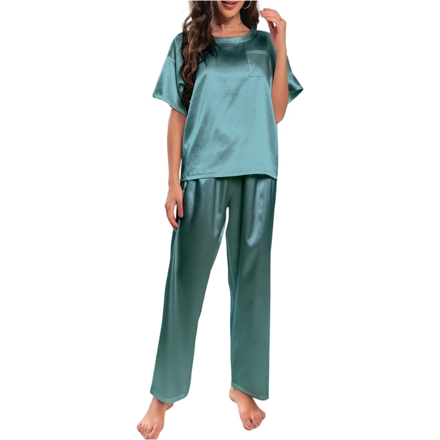 High Quality Casual Ice Silk Loose Pajamas Set Short Sleeved Long Pants Comfortable Pajama Set Daily Home Clothes Pajama Set