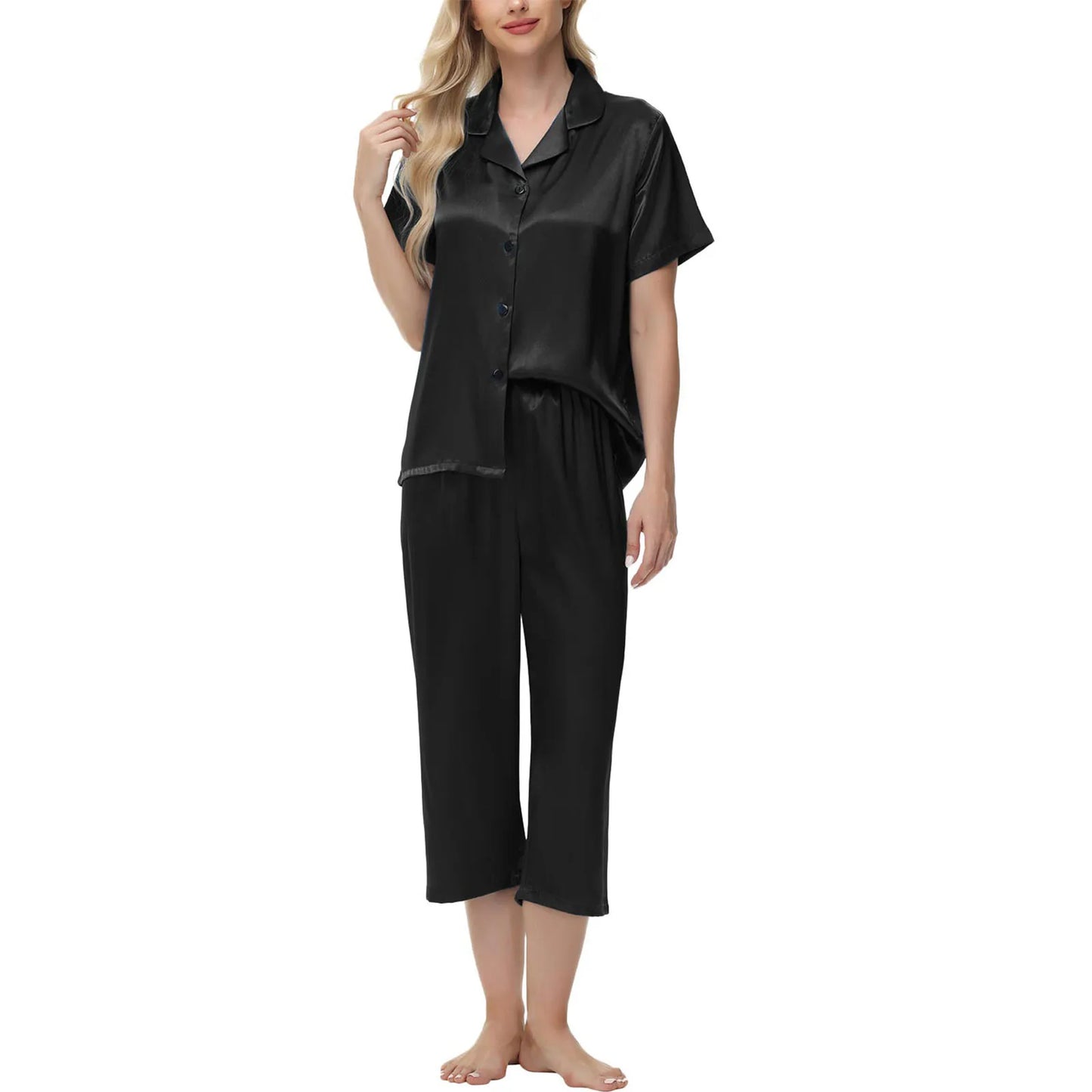 Women'S Pajama Set Burgundy Silky Fabric Short Sleeve Fashion Pants Home Clothes Bedroom Leisure Scene Stay At Home