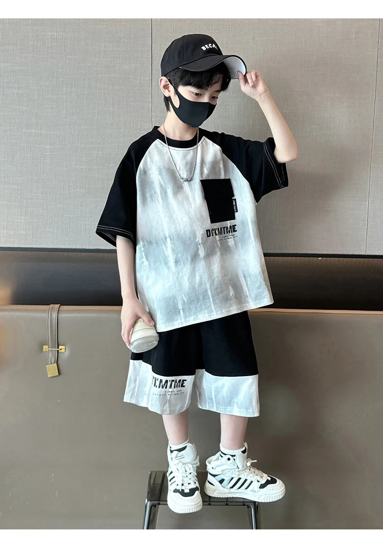 Boys Clothes Sets With Front Pocket 2025 Summer New Tshirts + Shorts Children's Clothes High Quality Kids Boy Sport Suits 5-14T