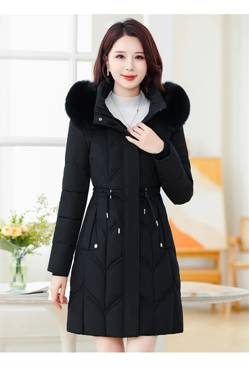 Women Down Cotton Jacket 2025 Mid Long Warm Ladies Outerwear Slim High-End Loose Women Winter Parka Coat Female Cotton Clothes