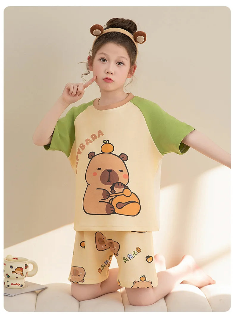 Capybara Pajama Sets 2025 Summer Teen Girls Cartoon Short Sleeved Tops Shorts 2pcs Kids Sleepwear Children Nightgown Loungewear